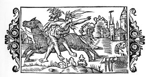 El diablo llevando a una bruja - en "Historia de Gentibus Septentrionalibus" de Olaus Magnus, Roma 1555