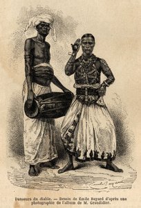 Los bailarines del diablo, cuya práctica se remonta al siglo III d.C., se basan en creencias supersticiosas de encantamientos, cantos y danzas, para advertir a una persona enferma o expulsar una influencia nefasta. Grabado para ilustrar el viaje en el meri de Unknown artist