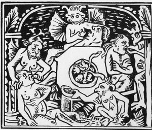 Los demonios atormentadores obligan a los glotones a comer sapos y serpientes - Grand Calendrier et Compost des Bergers, Lyon de Unknown artist