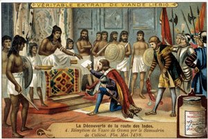 El descubrimiento de la ruta de las Indias: Recepción de Vasco de Gama por el Samudrin de Calicut, finales de mayo de 1498 - viñeta publicitaria Liébig de Unknown artist