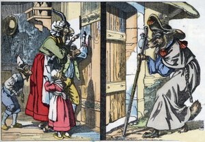 El lobo disfrazado llama a la puerta de la casa con la cabra y los cabritillos. Ilustración del cuento "Compere le Loup, Maitre Renard, Comere la Chevre et ses petits biquets" después de una fábula de Jean de la Fontaine. En "Cuentos del hogar para los peq de Unknown artist