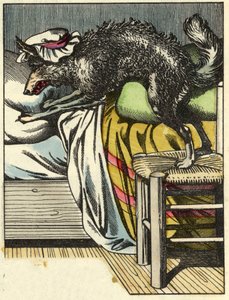 El lobo disfrazado toma el lugar de la abuela en la cama. Ilustración del cuento “Caperucita Roja” de Charles Perrault.