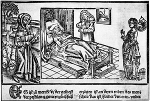 El médico en la cama del pestífero, grabado en madera del “Liber pestilentialis” de Jérôme Brunschwig, Estrasburgo