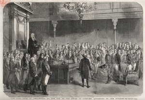 El duque de Wellington (Arthur Wellesley (1769-1852)) en la barra de la Cámara de los Comunes para recibir las felicitaciones del Presidente por su victoria en Vimeiro, Guerra Peninsular de Unknown artist