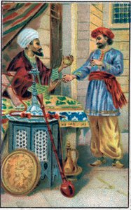 La manzana encantada. Historia del Príncipe Ahmed y el hada Paris-Banou (Pari Banou) (Paribanu). Cuento de 1001 noches (cuentos de las mil y una noches). Cromolitografía de finales del siglo XIX.