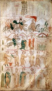 La entrada de Enrique VI del Sacro Imperio (1165-1197) a Roma y su coronación como emperador el 14/04/1191 por el Papa Celestino III. Página tomada del "Liber ad honorem Augusti" de Pietro da Eboli (Pedro de Eboli) - (códice 120, fol 105) siglo XIII Burger de Unknown artist