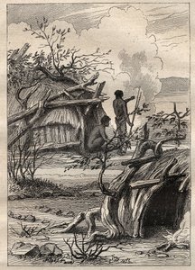 La expedición alrededor del mundo (1790-1792) del Capitán Etienne Marchand (1755-1793): cabañas indígenas de la tierra de Enddacht (Australia) - ilustración tomada de “Los Grandes Marineros del siglo XVIII” de Unknown artist