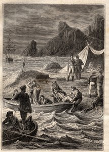 La expedición a las tierras del sur (1800-1803) por Nicolas Baudin (1754-1803): los enfermos de escorbuto fueron transportados a tierra en la Bahía de la Aventura (Tasmania, Australia) - ilustración tomada de "The Great Mariners of the 18th century" de Unknown artist