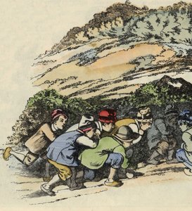 Los hermanos del pequeño Poucet se esconden en una roca hueca para escapar del ogro. Ilustración del cuento “Le Petit Poucet” de Charles Perrault