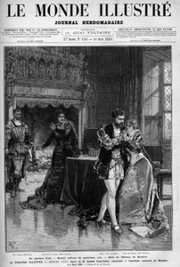 El cuarteto final, la segunda pintura del cuarto acto que tiene lugar en la sala del castillo de Kimbolt. Escena de la ópera Enrique VIII de Camille Saint-Saens representada en la academia nacional de música el 5 de marzo de Unknown artist