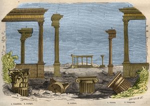 Los cinco órdenes de la arquitectura clásica (antigua): Corintio, Dórico, Jónico, Toscano y compuesto, cada uno representado por una columna. Grabado de 1857 en "Le Musee Des Sciences" de Unknown artist