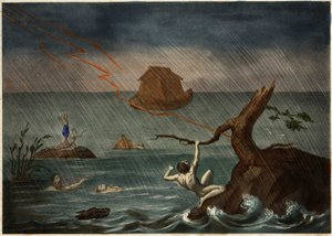 El diluvio con el arca de Noé a lo lejos. Grabado anónimo de mediados del siglo XIX de Unknown artist