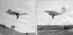 El avión volador de Otto Lilienthal (1848-1896), pionero de la aeronáutica alemana, en dos posiciones diferentes (de una fotografía instantánea). Grabado en “La Nature: revue des sciences et de leurs applications aux arts et a l