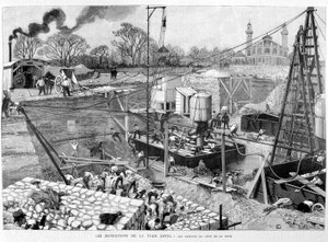 Los cimientos de la Torre Eiffel: los cajones en el lado del Sena - en “Illustration” 14/05/1887.