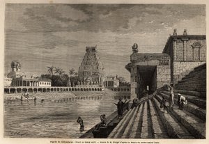 El ghaut o estanque sagrado de la Pagoda de Chillambaran, ubicado en el Golfo de Bengala, cerca de Pondichery (Pondicherry) (India); algunos fieles descienden la escalera monumental para tomar un baño o realizar abluciones de limpieza. Grabado para ilustra de Unknown artist