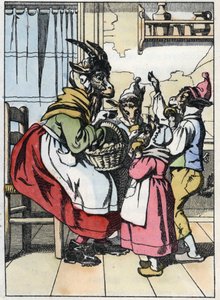 La cabra está fuera del mercado, escuchando la historia de los biquets. Ilustración del cuento "Compere le Loup, Maitre Renard, Comere la Chevre et ses petits biquets" después de una fábula de Jean de la Fontaine. En "Cuentos del hogar para los pequeños"