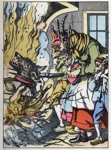 La cabra mata al lobo en la chimenea. Ilustración del cuento “Compere el Lobo, Maitre Renard, Comere la Cabra y sus pequeños cabritos” después de una fábula de Jean de la Fontaine. En “Cuentos del hogar para los pequeños”. Grabado anónimo del siglo XIX.
