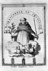 El gonfalón de la Inquisición en Goa, colonia portuguesa en India - Un representante dominicano lleva el emblema de la Inquisición: una espada y una rama de olivo, símbolo de castigo, pero también de paz y justicia de Unknown artist