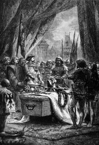 El gobernador colocó las llaves de Chateauneuf de Randon sobre el ataúd de Bertrand Du Guesclin (1320 - 1380), un hombre de guerra bretón y patriota francés contra los ingleses. Grabado del siglo XIX de Unknown artist