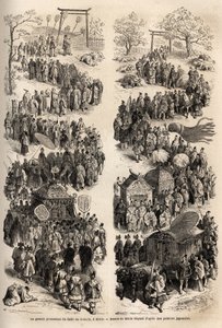 La gran procesión del Mikado (Emperador de Japón), en el dairi, el antiguo castillo imperial de Heian-kyo (actual Kioto) de 794 a 1869. Grabado para ilustrar el viaje a Japón en 1863-1864, por Aime Humbert, ministro de Suiza