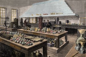 El gran laboratorio de Louis Pasteur (1822-1895), químico y biólogo francés, en la Ecole normale superieure - Louis Pasteur en su laboratorio en la Ecole normale superieure - Grabado por Meyer 1884 de Unknown artist