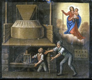La mano de un joven trabajador atrapada en una muela. de Unknown artist