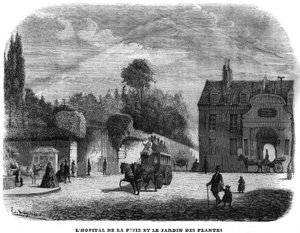 El hospital de la Pitié-Salpêtrière y el jardín de plantas en París en 1858. de Unknown artist