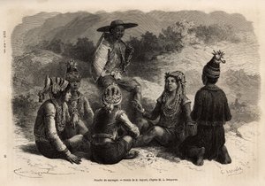 La población indígena de Xieng Hong (Laos), vistiendo trajes tradicionales, sobre su chaqueta, un cofre de terciopelo con adornos, con una falda o pantalones cortos completados por una pequeña gorra decorada. Grabado para ilustrar el viaje de exploración e de Unknown artist