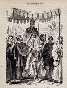 Los reyes de Francia Luis VII el Joven (1120 - 1180) y de Inglaterra escoltan al Papa Alejandro III - en “Historia de los papas”, s.d. de Unknown artist