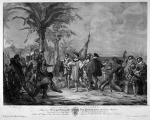 El desembarco de Cristóbal Colón en San Salvador (Bahamas) el 12/10/1492. Grabado del siglo XIX