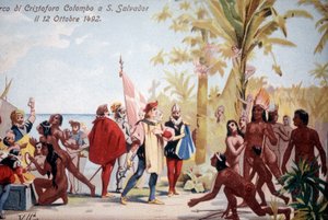 El desembarco de Cristóbal Colón en San Salvador (Bahamas) el 12/10/1492. Cromolitografía del siglo XIX