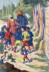 El pequeño pulgar siembra piedras en su camino. Ilustración para El pequeño pulgar, cuento de Charles Perrault (1628-1703), escritor francés. Ilustración anónima. Imágenes Marcel Vagne, Jarville Nancy, sin fecha (finales del siglo XIX) de Unknown artist