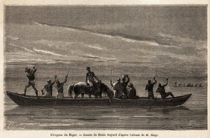 Las largas canoas de los Bambaras en el río Níger, maniobradas con largas pértigas, pueden transportar a varias personas e incluso ganado o caballos. Grabado para ilustrar el viaje al Sudán Occidental del Teniente (Marina) M.Mage, en 1863-1866, publicado e de Unknown artist