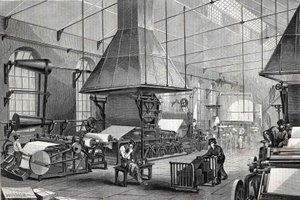 La sala de máquinas de una papelería. Grabado