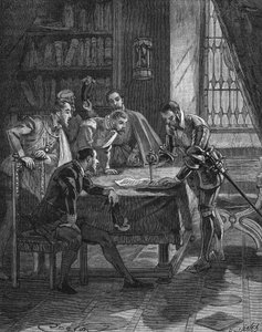 El mariscal de Vieilleville plantando su daga en una patente por la cual el Rey de Francia Enrique II (1519-1559) le otorgó a él y a los cinco señores presentes en la sala el derecho a la confiscación de todos los usureros y luteranos de Guienne, Limousin, de Unknown artist