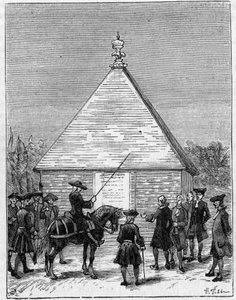 La medida del grado del Ecuador en el siglo XVIII: pirámide de Carabourou, Perú, levantada por La Condamine en 1736. Grabado en "La Naturaleza: revista de ciencias y sus aplicaciones a las artes y a la industria" del 28 de febrero de 1891 de Unknown artist