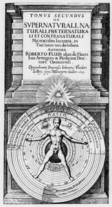 El microcosmos y el macrocosmos - Representación alegórica de la posición del hombre en el universo (hombre de Vitruvio): relación del hombre (microcosmos) con el Macrocosmos simbolizado por las esferas del Sol, la Luna y los planetas, diferentes temperame de Unknown artist