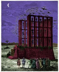 El cadalso de Montfaucon en París era una masa de piedra coronada por dieciséis pilares (apodados horcas de gran justicia, ubicadas al noreste de París), Grabado del siglo XIX de Unknown artist
