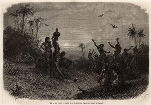 El baile a la luz de la luna, que cierra la ceremonia del 18 aniversario y la boda de un joven indio de Rio Verde (Brasil). Grabado para ilustrar el viaje a Nueva Granada, por el Dr. Saffray, en 1869, publicado en "Le tour du monde" 1873, editado por