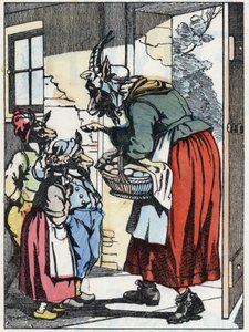 La madre cabra se va de paseo y advierte a sus biquets. Ilustración del cuento "Compere le Loup, Maitre Renard, Comere la Chevre et ses petits biquets" después de una fábula de Jean de la Fontaine. En "Cuentos del hogar para los pequeños". Grabado anónimo  de Unknown artist
