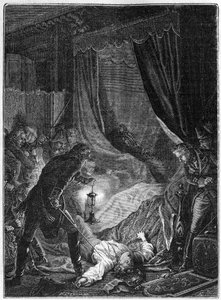El asesinato del Zar Pablo I de Rusia, marzo de 1801 - Ilustración 1882-1884 - El asesinato de Pablo I Petrovich (1754-1801), zar ruso, en su habitación en el Palacio de San Miguel después de ser forzado a firmar su abdicación - Ilustración 1882-1884 de Unknown artist