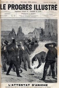 El asesino Clement Decoux es víctima de su intento de ataque a Emile Vuillemin (1822-?), director de las minas de Aniche, celebrando el día 4 de agosto de 1895, su quincuagésimo aniversario al frente de la producción de carbón - grabado en 