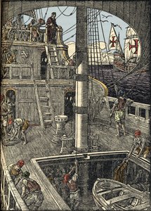 El navegante Cristóbal Colón (1451-1506) a bordo de su carabela. de Unknown artist