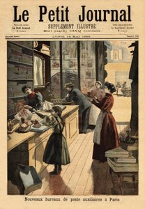Las nuevas oficinas de correos auxiliares en París, algunos negociadores abren un mostrador de servicio postal, paralelo a sus actividades comerciales. Grabado en "Le petit journal" 14/05/1894. Colección Selva de Unknown artist