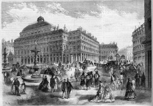 La nueva plaza del teatro francés (Comédie Française) con las fuentes proyectadas en el Palais Royal en París. Grabado en “L