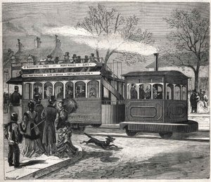 Los nuevos tranvías a vapor en París en 1876 circulando en la línea de Saint-Germain-des-Prés en la puerta de Chatillon, grabado Colección Bianchetti. de Unknown artist