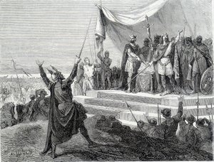 El juramento de los dos hermanos ante su armadura: Carlos II el Calvo y Luis II el Germánico juran contra Lotario I (Juramentos de Estrasburgo 842) de Unknown artist