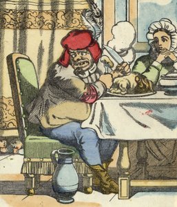 El ogro en la mesa, siente la presencia del pequeño Poucet y sus hermanos. Ilustración del cuento “Le Petit Poucet” de Charles Perrault de Unknown artist