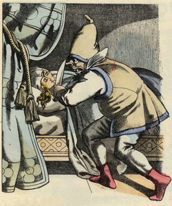 El ogro corta la cabeza de sus siete hijas pensando en matar al pequeño Poulet y sus hermanos. Ilustración del cuento “Le Petit Poucet” de Charles Perrault de Unknown artist