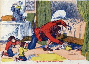 El ogro descubre a los niños. Ilustración para "Pulgarcito", cuento de Charles Perrault (1628-1703), escritor francés. Ilustración anónima. Imágenes Marcel Vagne, Jarville Nancy, sin fecha (finales del siglo XIX) de Unknown artist